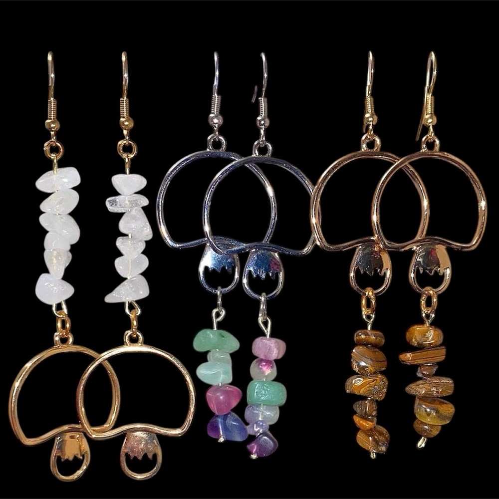 Gold and Silver Mushroom Earrings with Semi-Precious Stones